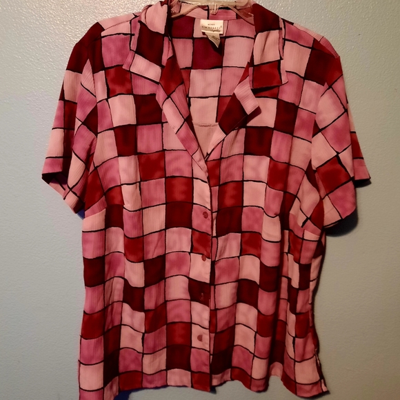 Kim Rogers Pink Purple Square Pattern Built In Tank Button Down Top 2x - Picture 1 of 7